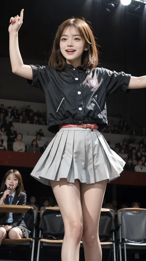 quality,masterpiece,Ultra-high resolution,(Actual:1.4),Original photo,Ultra-high resolution，8K，Wearing Nogizaka46 stage costumes，Flashy makeup with red eyeshadow，Big laughing smile，Short cut with delicate brown hair，A live costume of a high school girl&#39...