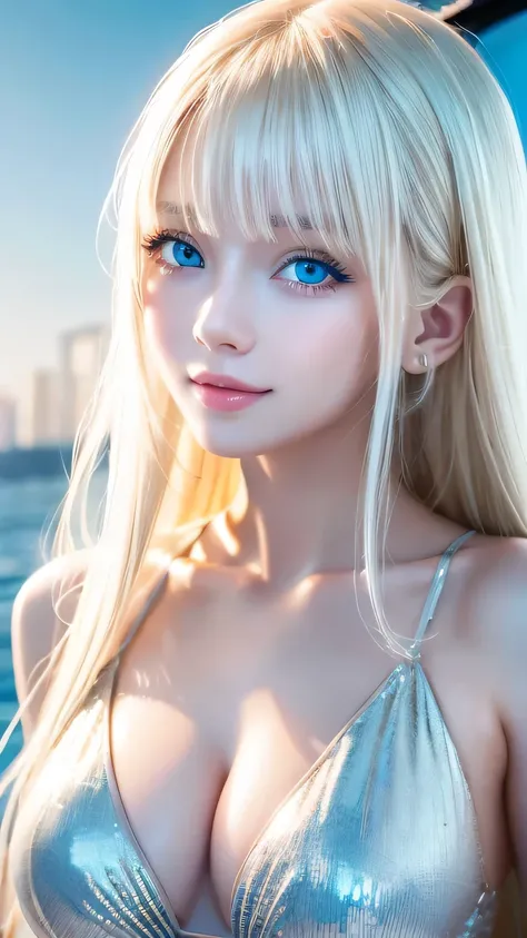 Mastepiece, Best Quality, Illustration, Super detailed, Fine details, High resolution, 8K Denden Wallpaper, Perfect dynamic composition, Beautiful detailed bright sparkling pale sky blue eyes, Women&#39;s Fashion Summer,Super long platinum blonde hair、Bang...