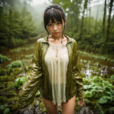 highly detailed, ultra realistic, high definition, 8k, 1 young japanese cute girl, wearing kimano, wet dress, rains, standing in a mud, farming, forest, highly detailed body, highly detailed face, highly detailed background