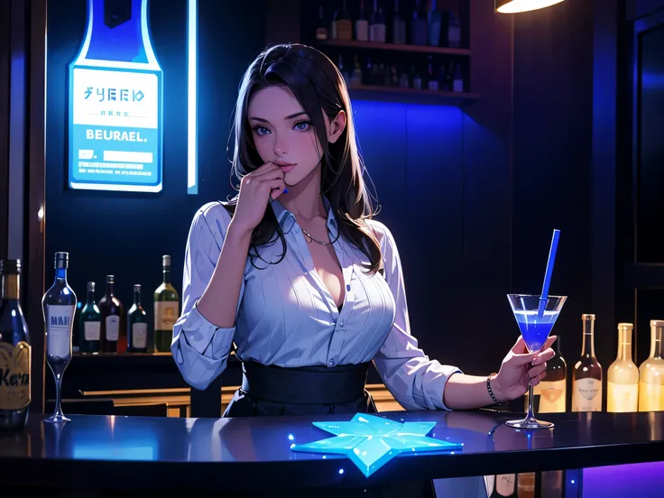 1 beverage cart, woman in a bar, night, LED Light, Blue LED, night, , Drinks 5 euros, Bartender making drinks  