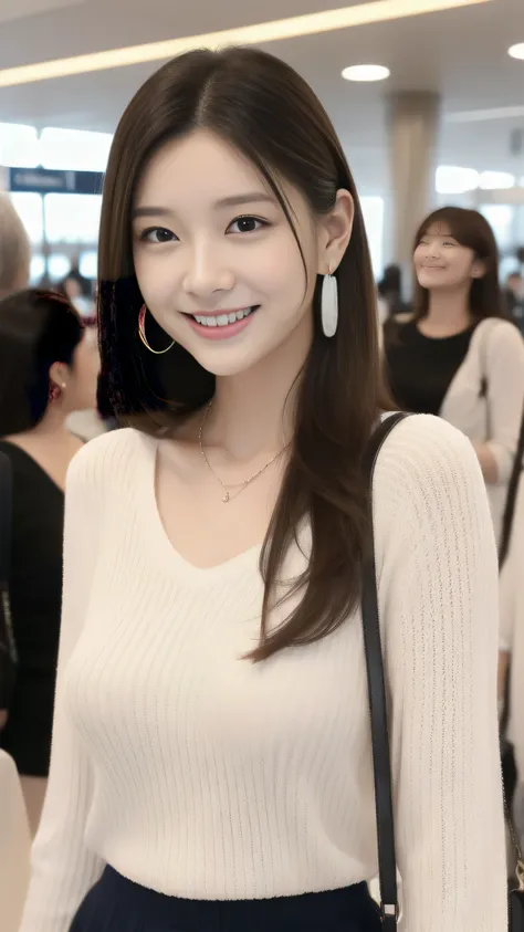 Hostess&#39;s face、Married women、Married Woman、Beauty、White knit shirt、skirt、high quality、Super Ultra Realistic、healthy、smile、Perfect figure、Japanese Beauty、 necklace、Earrings、Perfect eyes, beautiful skin、Upper Body、looking at the camera、Airport lobby