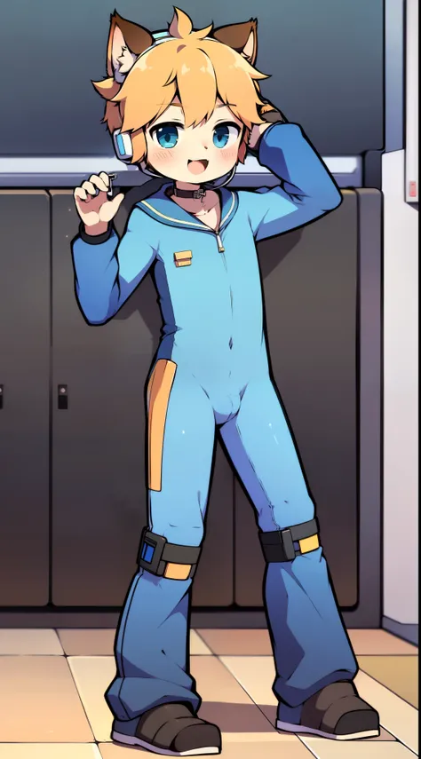 2D Boy Shota，One-piece mountaineering suit，Slim, healthy body，Put the headphones on your head，stand up，goggles，Cat ear，happy，Sailor collar，Lovely，Love，Short sleeve