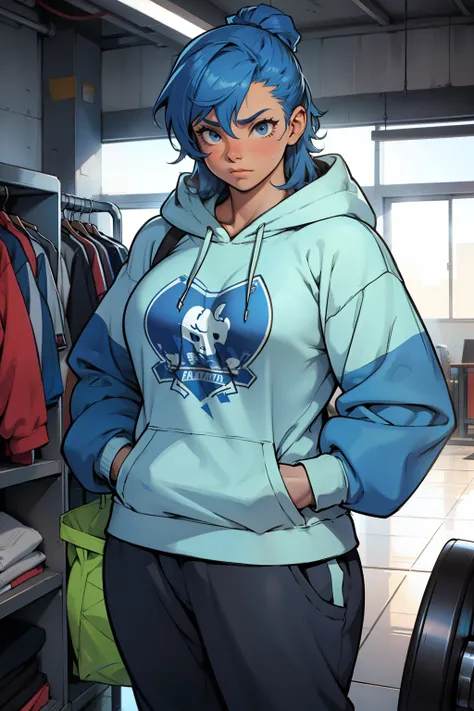 1girl, dwarf, blue hair, perky breasts, hoodie, sweatpants, ((muscular)), bulky body