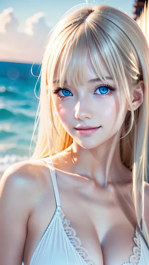 Mastepiece, Best Quality, Illustration, Super detailed, Fine details, High resolution, 8K Denden Wallpaper, Perfect dynamic composition, Beautiful detailed bright sparkling pale sky blue eyes, Women&#39;s Fashion Summer,Super long platinum blonde hair、Bang...