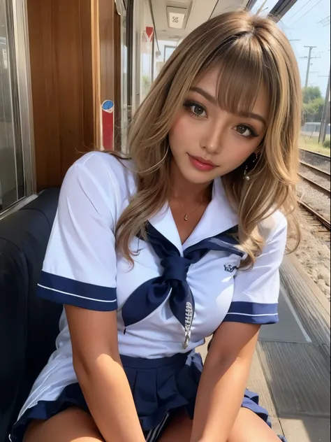 in the train、Gal, (Anatomically correct,),masterpiece, highest quality, RAW Photos, Realistic, face, Beautiful girls, cute, Blunt bangs, Written boundary depth, High resolution, Super detailed, detailed, ighly detailedd, extremely detailedd eye and face, R...