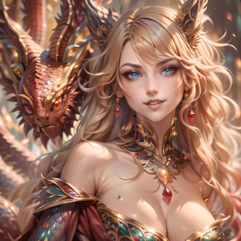 (best quality,4k,8k,highres,masterpiece:1.2, portrait), ultra-detailed, realistic, naked sexy dragon woman with red and gold glittering scales, skin is glittering ruby and golden scales, long wavy blonde hair with red highlights, very playful but mischievo...