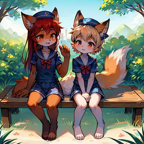 Bright outside，Fox Girl，Fox Boy，Sisters and brothers，Furry women，furry men，Five-year-old girl characteristics，Characteristics of a three-year-old boy，Girl is 1.4 meters tall，Boy&#39;s height，Sailor suit sailor hat，Summer shorts，Sitting，Park bright backgrou...