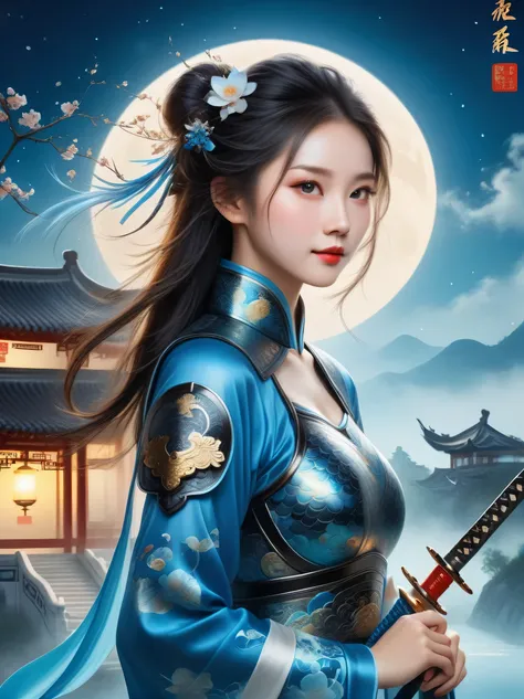 masterpiece,Realistic,Deep color,blue tint,Surrealism, Star Halo, In the bright embrace of the moonlight serenade,(Black Chinese armor),gentle beautiful girl,(The girl holds a sword in her hand),Women's Armor,solo,pauldron,helmet,Chinese city backgroun...