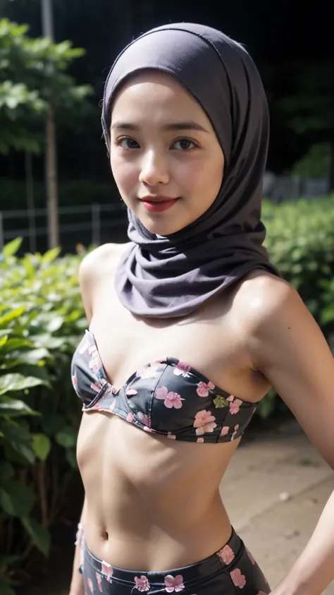 ("Wearing Leggings"), (Happy smile), (((HIJAB MALAY GIRL))), masutepiece, High quality, UHD 32K, Realistic face, Realistic skin feeling , A Japanese Lady, 8 years old, , Very cute and baby-like face, (((FLAT CHEST))), (Night time at forest), ((look In fron...