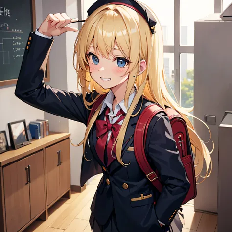 Blonde hair, school suit, in school, with backpack, girl, bando, blush, grin emotion