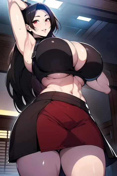 An anime-style artwork depicting tifa from the game final fantasy 7

Tags: tifa, anime, detailed eyes, detailed lips, ass, 1girl, red eyes, minidress, (black hair:1.1), solo, huge breasts, smiling expression, intense gaze, dynamic pose, indoor, palace, vib...