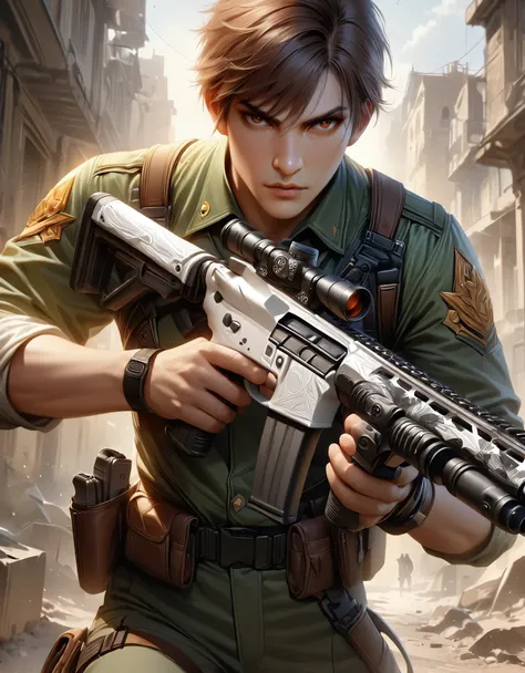 masterpiece, best quality, hyper-detailed, ultra-detailed, 1boy, college-age man, assault rifle, brown eyes, brown hair, gun, holding gun, holding weapon, holster, holstered weapon, male focus, military, military uniform, pistol holster, pistol in holster,...