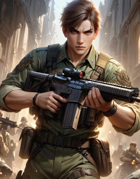 masterpiece, best quality, hyper-detailed, ultra-detailed, 1boy, college-age man, assault rifle, brown eyes, brown hair, gun, holding gun, holding weapon, holster, holstered weapon, male focus, military, military uniform, pistol holster, pistol in holster,...