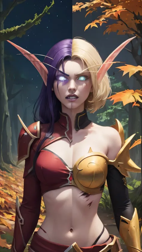 (Masterpiece, highly detailed, highly quality,  highly resolutions), line between the middle, duality, split colored hairs, split colored eyes, split colored armor, split colored trim, split theme ((SplitScreen, split screen, BREAK nightelf, angry, clenche...