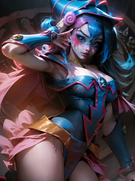 Maga oscura gils vestida de Harley Quinn. Tiene cabello rubio y negro. Ojos azules. Labios rojos. Dark magician gils is dressed as Harley Quinn. Pose sensual y inocente. Fondo de circo y magia.