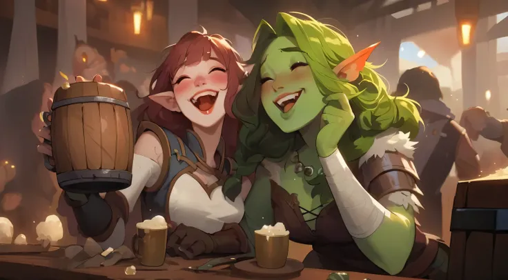 two women are sitting at the table with a beer and a mug, jazz e rossdraws, artgerm e atey ghailan, rossdraws e jazz, artgerm e lois van baarle, WLOP e Sakimichan, de Hearthstone, Wlop e Rossdraws, in arte de pedra style, arte de pedra, loish e wlop