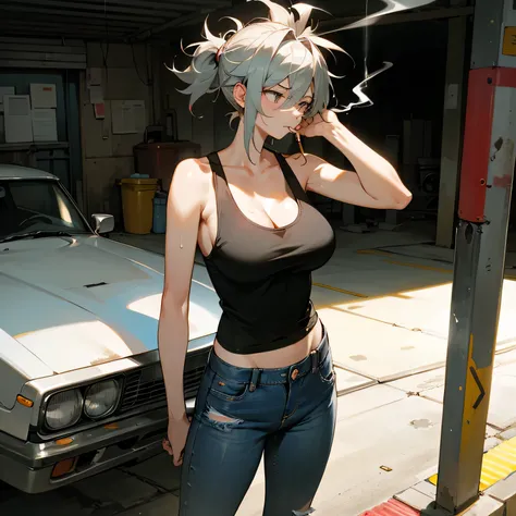 Have a cigarette in your mouth、garage、Holding a wrench in his right hand、Scratching head with left hand、Looking Outside、Lethargic、Are standing、Sweaty、Bedhead、oversized tank top、Distressed jeans、Big Breasts、woman