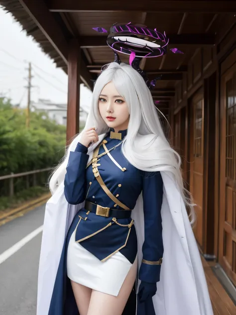 masterpiece, hd, realistic, cosplayer, asian girl, 1girl, hinadef, standing, outdoor, academy, white hair, demon, uniform, white...