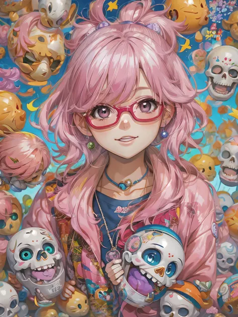 akira toriyama style、pink hair anime girl, SKULL fashion, anime style 4 k, Decora style illustration, anime art wallpaper 4k, anime art wallpaper 4k, anime wallpaper 4k, anime wallpaper 4k, anime style. 8K, anime atmosphere, anime art wallpaper 8k, anime s...