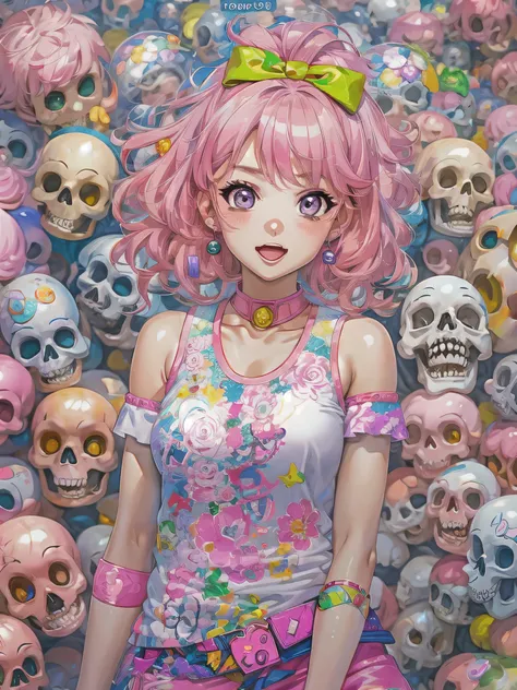 akira toriyama style、pink hair anime girl, SKULL fashion, anime style 4 k, Decora style illustration, anime art wallpaper 4k, anime art wallpaper 4k, anime wallpaper 4k, anime wallpaper 4k, anime style. 8K, anime atmosphere, anime art wallpaper 8k, anime s...