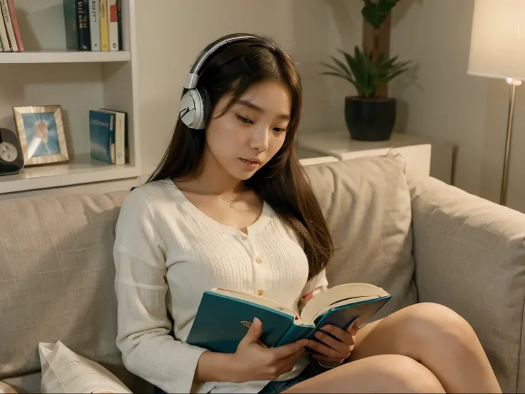 arafed woman sitting in a chair with headphones on reading a book, reading a book, studyng in bedroom, korean girl, gorgeous young korean woman, elegant study, studying in a brightly lit room, beautiful young korean woman, beautiful south korean woman, you...