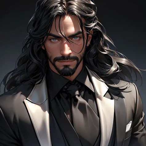 (best quality,4k,8k,highres,masterpiece:1.2),ultra-detailed,(realistic,photorealistic,photo-realistic:1.37),portraits,handsome male,shoulder length hair:1.1,medium length black locks:black business suit:black, hair covering eyes,(muscular,strong build),lar...