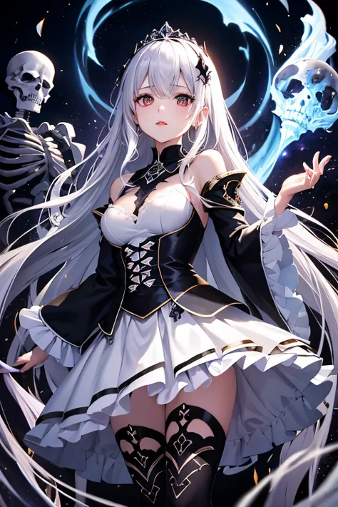 （（（highest quality、Masterpiece、Normal body、8k、Detailed face、Ultra-precision、Normal hand、Normal finger、５Finger、supreme）））Golden and silver hair、Princess、Gorgeous Dress、White and black skirt、Shiny Tiara、night armor、metal boots、Grim Reaper、grim Reaper、Helper ...