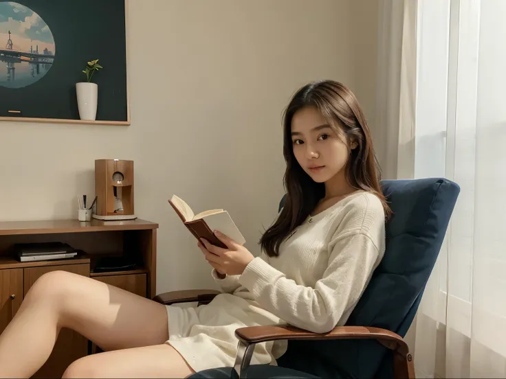 Arafed woman sitting in a chair and reading a book, reading a book, studying in a bedroom, Korean girl, gorgeous young Korean woman, elegant study, studying in a brightly lit room, beautiful young Korean woman, beautiful South Korean woman, young and prett...