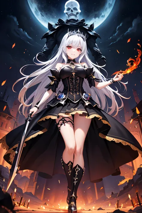 （（（highest quality、Masterpiece、Normal body、8k、Detailed face、Ultra-precision、Normal hand、Normal finger、５Finger、supreme）））Golden and silver hair、Princess、Gorgeous Dress、White and black skirt、Shiny Tiara、night armor、metal boots、Grim Reaper、grim Reaper、Helper ...