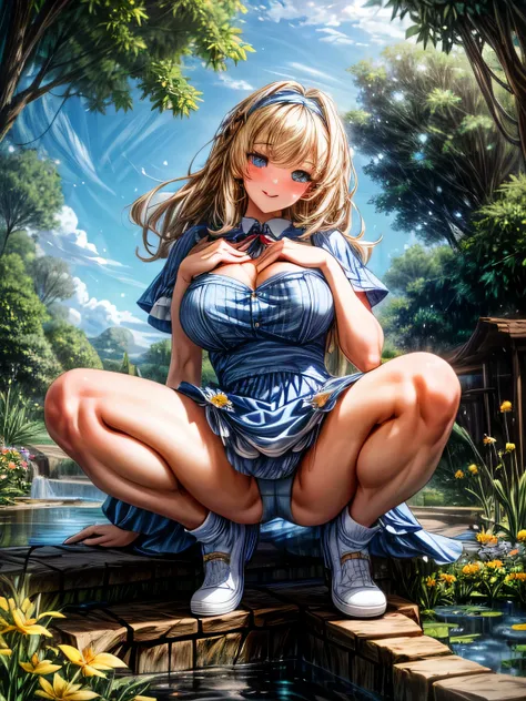 (masterpiece), (best quality), (extremely detailed), alice liddell, big messy blonde hair, blue dress, white apron, black hairband, white long socks, cleavage, cute pose, in a flower garden, (pond), (blue sky), (sunny day), 3d. Illustration, Good Highlight...