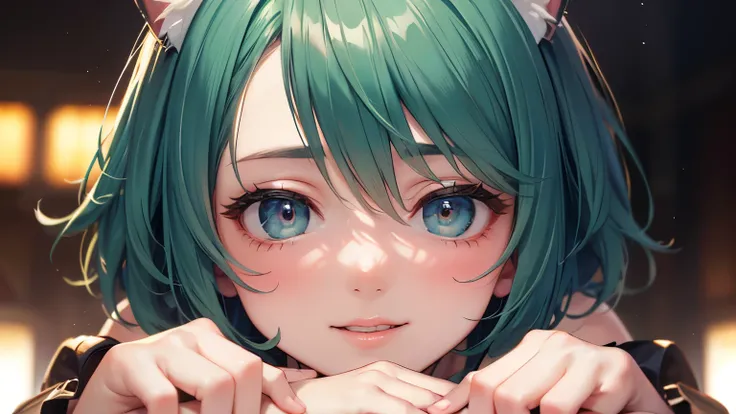 highest quality,wonderful,masterpiece,delicate,ultra high resolution,Super detailed,intricate details,beautiful,8K resolution,(Highly detailed CG Unity 8K wallpaper),sharp focus、anime、fiction、one woman、dark green hair、short hair、Cat ear、Face close-up、Highl...