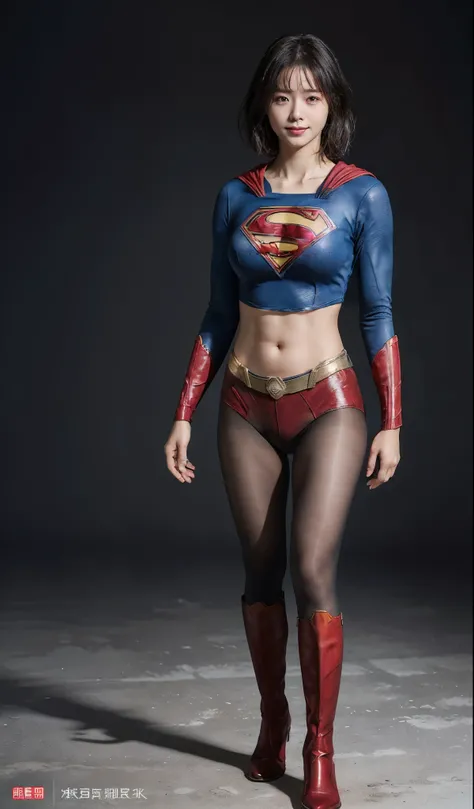 No background、(((Beautiful legs in black tights.)))、(((Legally express the beauty of your smile)))、((((Make the most of your original images)))、(((Supergirl Costume)))、(((beautiful short bob hair)))、(((suffering)))、(((Please wear black tights....、Wear red ...