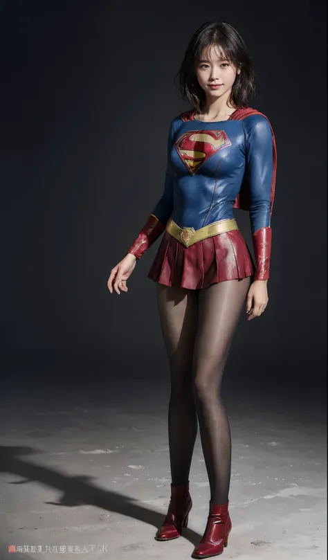 No background、(((Beautiful legs in black tights.)))、(((Legally express the beauty of your smile)))、((((Make the most of your original images)))、(((Supergirl Costume)))、(((beautiful short bob hair)))、(((suffering)))、(((Please wear black tights....、Wear red ...