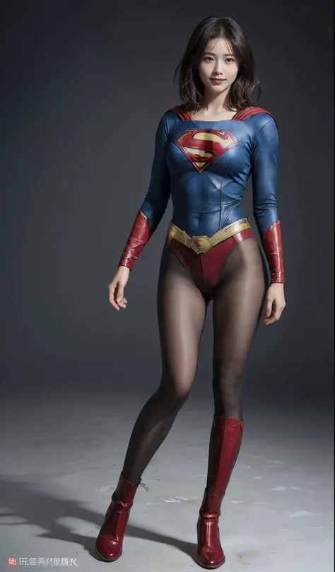 No background、(((Beautiful legs in black tights.)))、(((Legally express the beauty of your smile)))、((((Make the most of your original images)))、(((Supergirl Costume)))、(((beautiful short bob hair)))、(((suffering)))、(((Please wear black tights....、Wear red ...