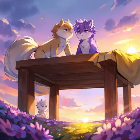 In a vibrant field adorned with purple blooms, an enchanting tableau unfolds as a white wolf and a brown horse engage in playful frolic. The white wolf, equally sized with the horse, boasts a pristine, snowy coat that gleams under the auspicious hue of the...