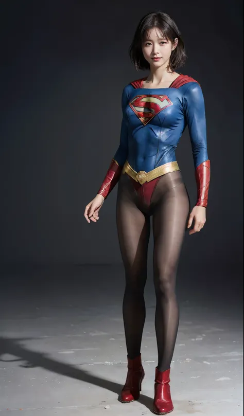 No background、(((Beautiful legs in black tights.)))、(((Legally express the beauty of your smile)))、((((Make the most of your original images)))、(((Supergirl Costume)))、(((beautiful short bob hair)))、(((suffering)))、(((Please wear black tights....、Wear red ...
