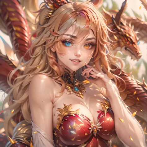 (best quality,4k,8k,highres,masterpiece:1.2, portrait), ultra-detailed, realistic, naked sexy dragon woman with red and gold glittering scales, skin is glittering ruby and golden scales, long wavy blonde hair with red highlights, very playful but mischievo...