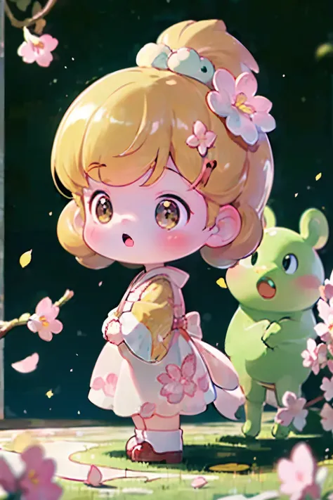 The doll standing in front of the painting、Yawning face、baby face、rococo style、(Highly detailed characters)、Flowing cherry-colored silk、Cherry blossom petals、Flowing cherry blossom silk、Photographed from the side、Strong bokeh、season!!: 🌸 ☀ 🍂 ❄