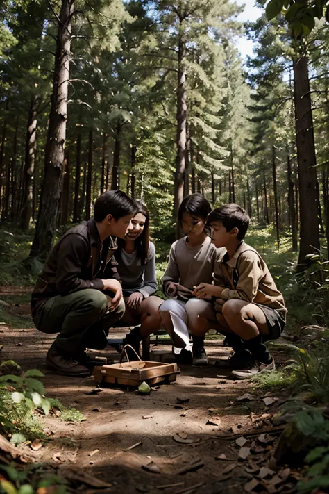 A FOREST 4 BOYS 2 GIRLS 2 BOYS FINDING TREASURE CHESTS 