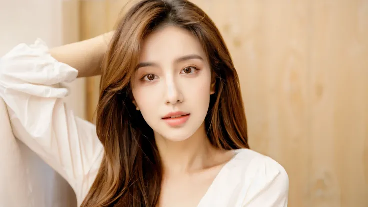 Arav woman with long brown hair and white shirt, Popular Korean makeup, Popular Korean makeup, Young and cute Korean face, Gorgeous young Korean woman, Young and beautiful Korean woman, Beautiful Korean woman, Korean facial features, Ulzan, Beautiful face,...