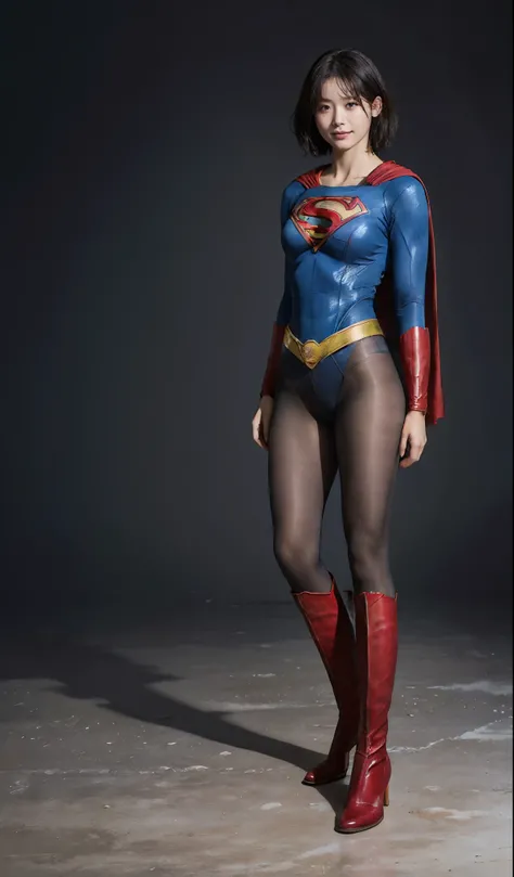 No background、(((Beautiful legs in black tights.)))、(((Legally express the beauty of your smile)))、((((Make the most of your original images)))、(((Supergirl Costume)))、(((beautiful short bob hair)))、(((suffering)))、(((Please wear black tights....、Wear red ...