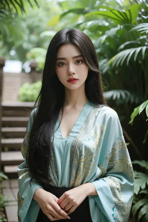 1 gadis cantik indonesia,rambut di sanggul dan ada hiasan kembang melati dan mahkota,memakai setelan kebaya adat Bali berwarna putih,rok kain batik.