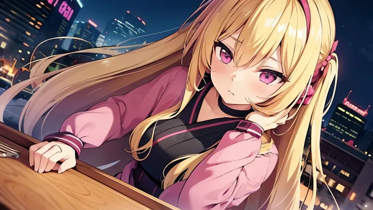 　1 Girl, Blonde, Pink Eyes, Very long hair, long sleeve, ((masterpiece)), (highest quality), eve,  (whole body), City of night，Overall details, A person playing the koto，