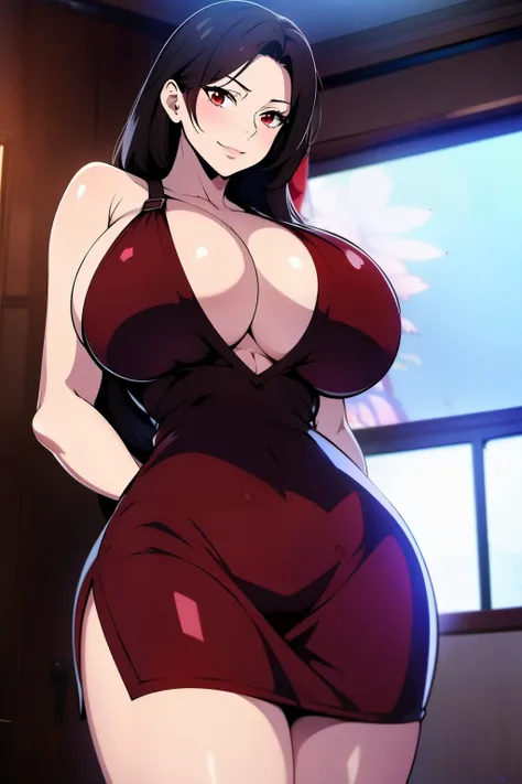 An anime-style artwork depicting tifa from the game final fantasy 7

Tags: tifa, anime, detailed eyes, detailed lips, ass, 1girl, red eyes, (chinese dress:1.1), (black hair:1.1), solo, huge breasts, smiling expression, intense gaze, dynamic pose, indoor, p...