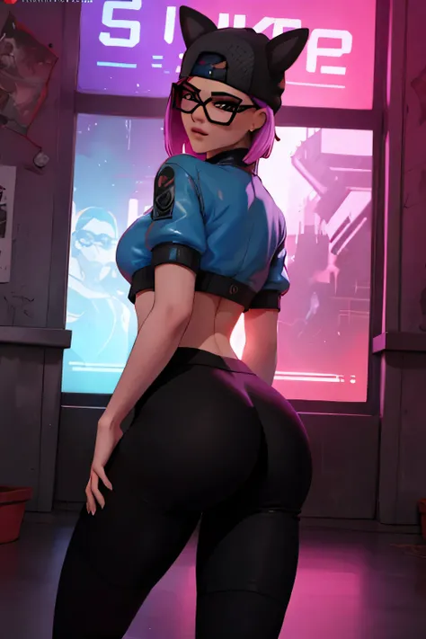 Traje de lino Cyberpunk, gorra, shorts negro con leggins Azul Marino, chaqueta Negra,Extremadamente detallado, rostro detallado, gafas ,hermoso rostro, ojos finos, mirando al espectador, pose femenino, Noche 