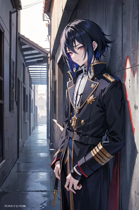 Anime boy leaning against a wall, shadow young wizard, Epic anime style, anime key artโดยละเอียด, Shadowverse style, Fantasy style anime, Demon Man, anime key art, conjunctivitis, black hair.,Strong Man,Leaning against the wall of the house, sideways, comm...