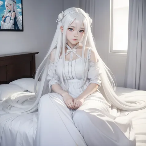 Anime girl with long white hair sits on the bed.,  in dress, have white hair deity, perfect have white hair girl, หญิงสาวwhite hair, Cute anime waifu in pretty outfits, Charming anime girl, , have white hair, Anime pictures of cute girls, white hair, Clean...