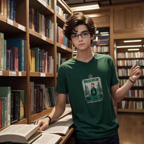 Um nerd adolescente de pele branca alto, cabelos castanhos escuros, lindo, green eyes and likes physics. He&#39;s in a bookstore