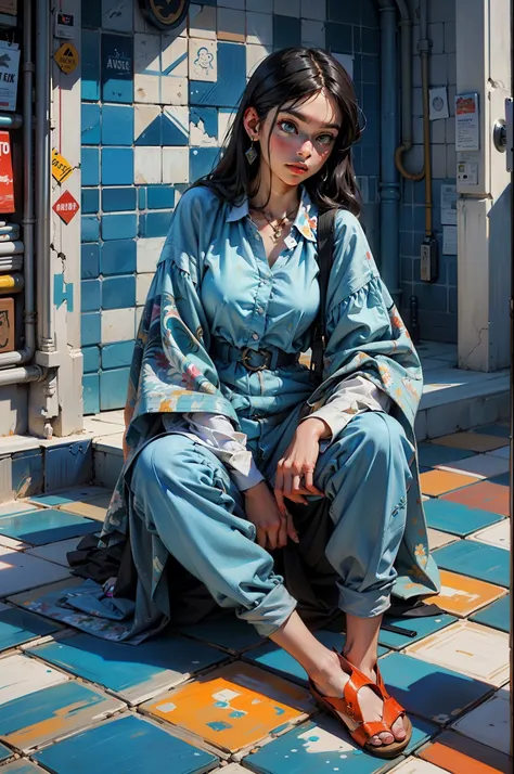 Oil painting, large brush strokes, woman in a blue dress, sitting on a tiled floor, painted tiles, full body portrait painting, inspired by Picasso inspired by Monet inspired by WLOP, prize winning artwork