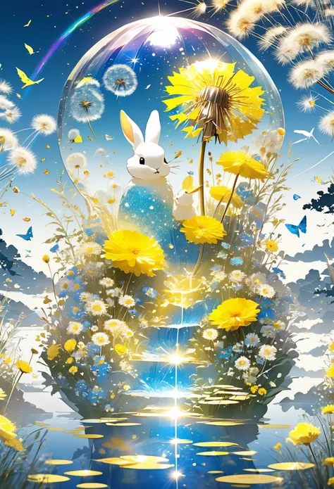 peep land、Awareness-raising、blue sky、Dandelion、Shiny yellow flower、shine、Dandelionの綿毛も飛んでいる、Glitter Step Piece、highest quality、Precision drawing、Ultra high definition、A composition with depth、